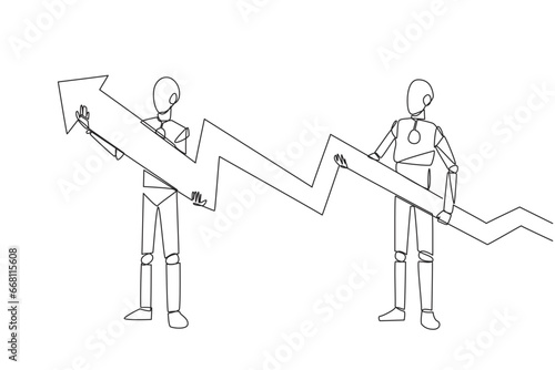 Single continuous line drawing two robots holding a medium-sized arrow graphic whose ends have increased. Robotic teamwork. Technology artificial intelligence. One line design vector illustration