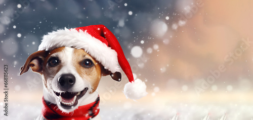 New Year's Eve banner with a cheerful Jack Russell Terrier dog wearing a Santa hat. Space for text. Generative AI