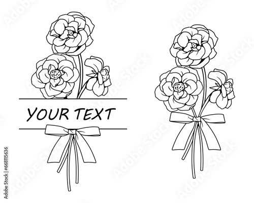 Line art flowers with ribbon split monograme, Floral and ribbon element for invitation, wedding or greeting cards, Flower and leaves isolated on white background, Vector illustration.