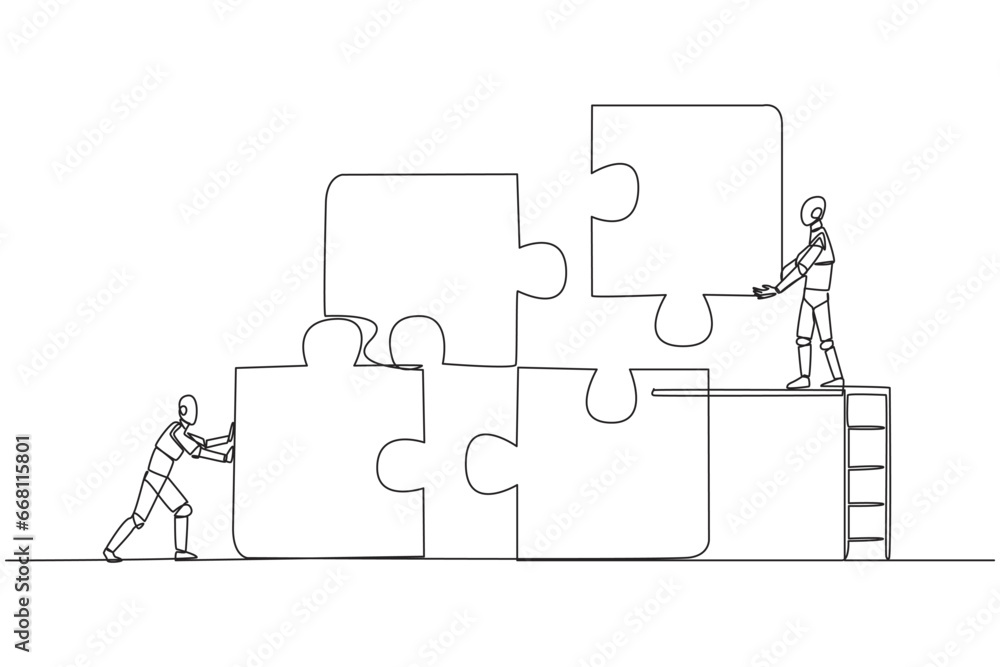 Obraz premium Single continuous line drawing two robots teamwork to put together a square puzzle, one of them climbs ladder holding up a piece of the puzzle. Future technology. One line design vector illustration