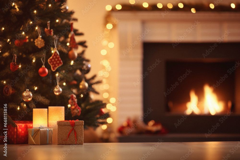 Beautiful Christmas tree with gifts and fireplace on blurred background. Space for text. Beautiful Christmas tree with gifts and fireplace on blurred background. Space for text.
