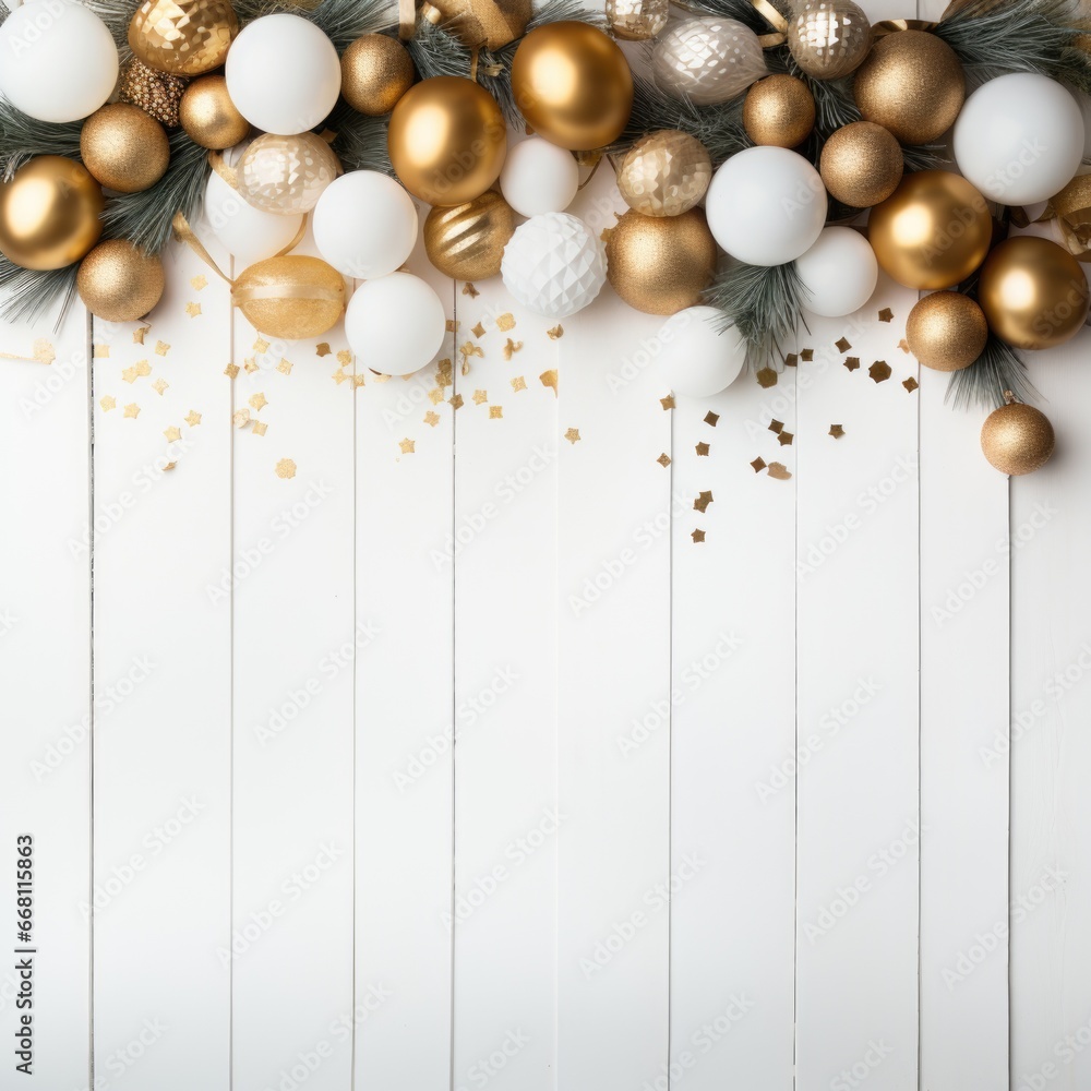 Fototapeta premium Christmas and New Year holiday banner with a Gold background and a Festive Garlands. Concept with space for text for ads, banners and greeting card