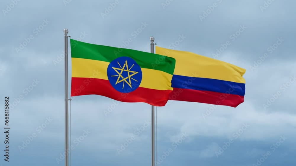 Colombia and Ethiopia flag waving together on cloudy sky, endless seamless loop, two country cooperation concept Colombia and Ethiopia flag waving together on cloudy sky, endless seamless loop, two country cooperation concept