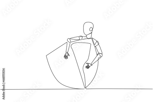 Single one line drawing robot hugging shield. Robots protect websites, online applications and computer laptops from hackers or viruses. Machine learning. Continuous line design graphic illustration