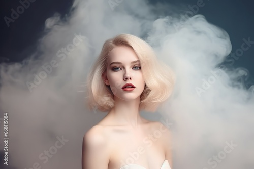 Blonde woman in smoke cloud. Female model posing in white mist. Generate ai