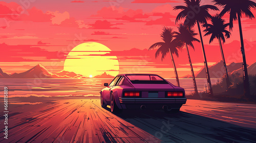 Summer vibes 80s style illustration with car driving into sunset