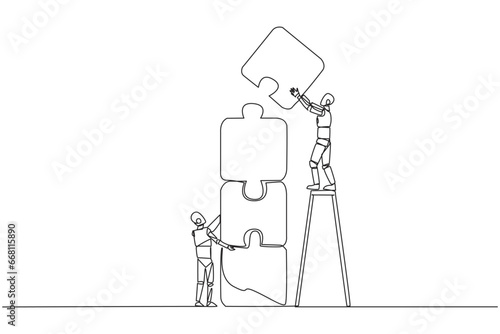 Continuous one line drawing two robots putting together a puzzle. One of the two climbs up the ladder to make a puzzle arrangement of four. Teamwork robots. Single line draw design vector illustration