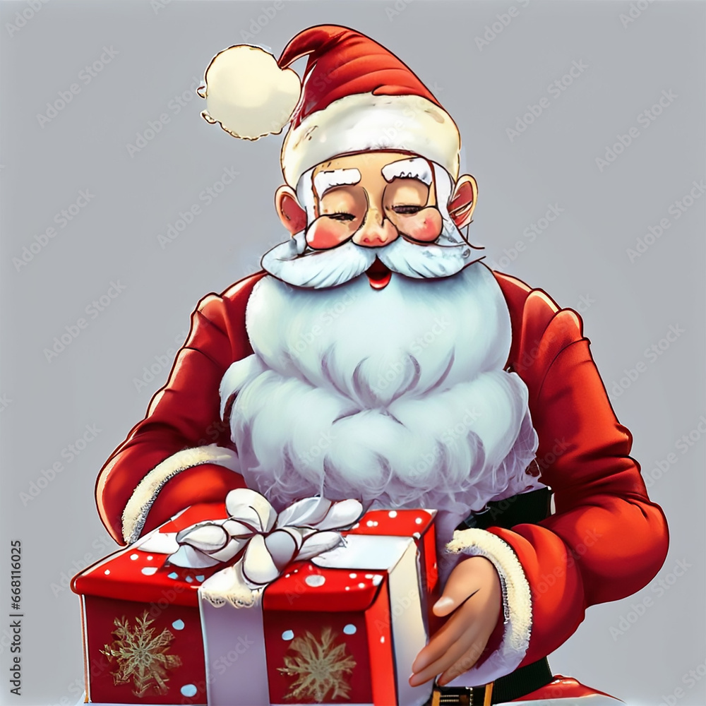 Mikołaj trzymający w dłoniach prezent - obrazy, fototapety, plakaty 