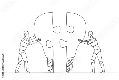 Single one line drawing two robot pushing two lightbulb-shaped puzzle pieces. Metaphor brings together two ideas. Teamwork of two future robots. AI tech. Continuous line design graphic illustration