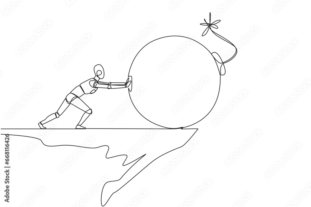 Continuous one line drawing robot pushes large bomb with a burning fuse ...
