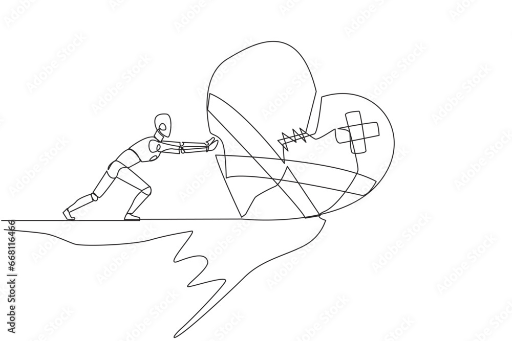 Single continuous line drawing robot pushes the symbol of giant broken ...