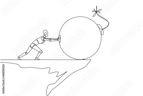 Continuous one line drawing robot pushes large bomb with a burning fuse down from the edge of cliff. Concept of keeping away from harm. Future tech concept. Single line draw design vector illustration