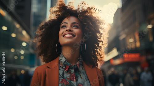 Beautiful african american woman with afro hairstyle in the city © D-Stock Photo