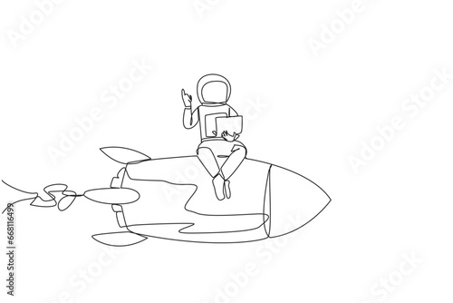 Fototapeta Naklejka Na Ścianę i Meble -  Single continuous line drawing young energetic astronaut sitting on flying rocket holding laptop raise one hand. Expedition to repair damage near the lunar surface. One line design vector illustration
