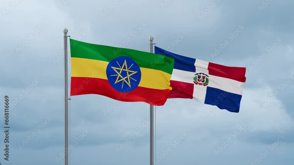Dominican Republic flag and Ethiopia flag waving together on cloudy sky, endless seamless loop, two country relations concept Dominican Republic flag and Ethiopia flag waving together on cloudy sky, endless seamless loop, two country relations concept