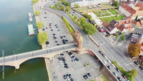 Drohnenvideo, Luftbild von Miltenberg am Main mit Blick auf die Mainbrücke und das Zwillingstor. Miltenberg, Unterfranken, Bayern, Deutschland. photo