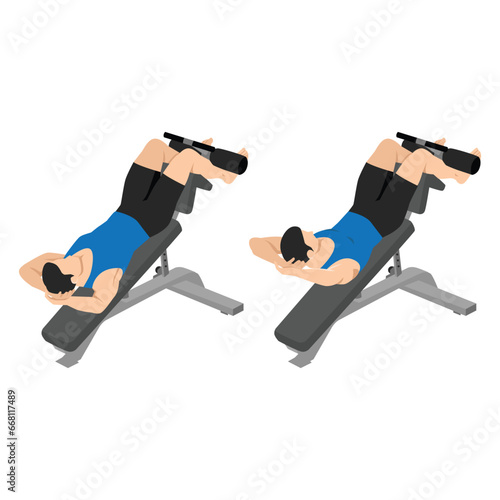 Man doing decline crunch on a bench exercise. Flat vector illustration isolated on white background