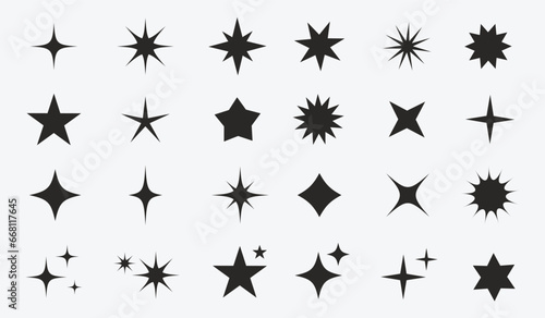 Star icons set. Collection of star shapes. Abstract sparkle set in retro futuristic style. Star shape elements for design, posters, logo etc. Vector illustration