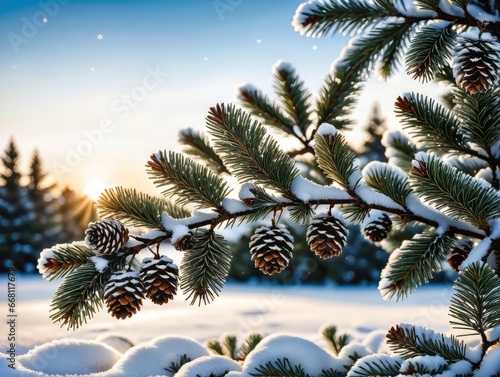 Christmas background with fir branches and cones