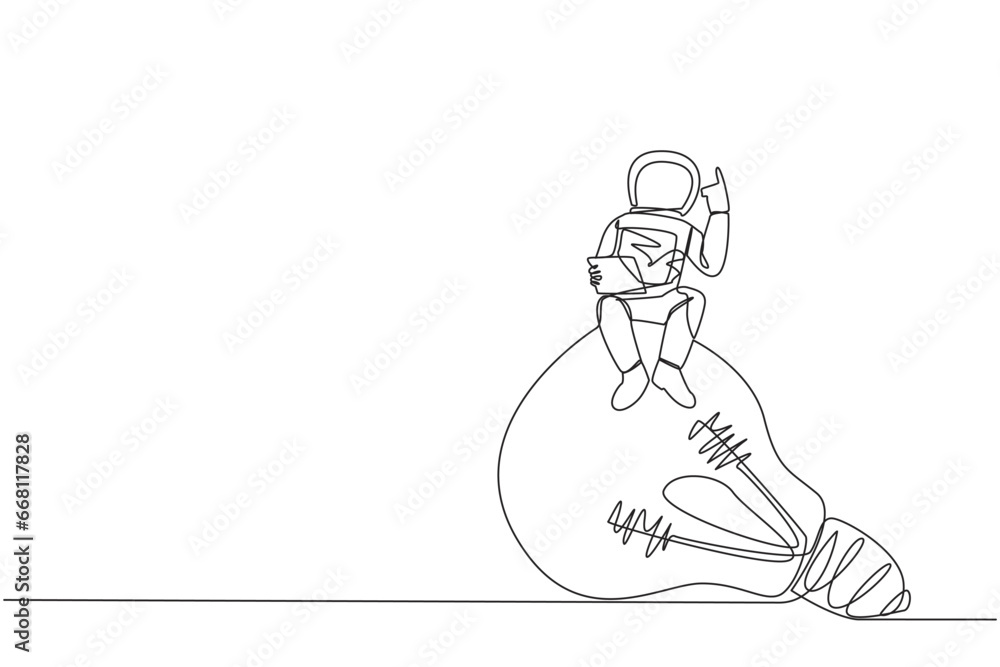 Continuous one line drawing young astronaut sitting on giant lightbulb holding laptop raise one hand. A gesture has the latest brilliant idea for an expedition. Single line draw vector illustration Continuous one line drawing young astronaut sitting on giant lightbulb holding laptop raise one hand. A gesture has the latest brilliant idea for an expedition. Single line draw vector illustration