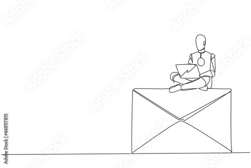 Single continuous line drawing robotic artificial intelligence sitting on giant email icon typing laptop. Email message replying robots. Future tehnology concept. One line design vector illustration