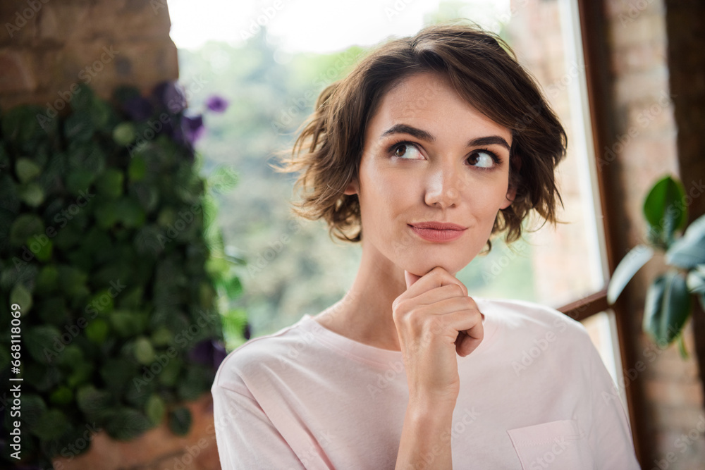 Closeup portrait of young attractive girl executive director touch chin look dreamy novelty brainstorming isolated photo studio background Closeup portrait of young attractive girl executive director touch chin look dreamy novelty brainstorming isolated photo studio background