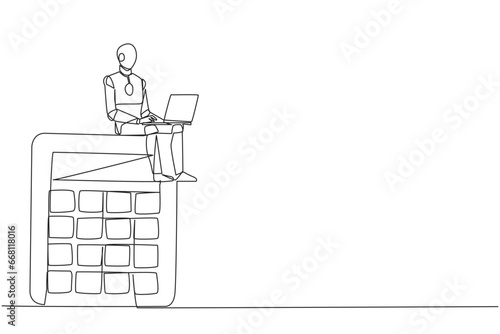 Continuous one line drawing of robotic artificial intelligence sitting on giant calculator typing on laptop. Modern robot analyzes financial. Electronic technology industry. Single line design vector