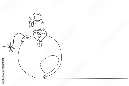 Single continuous line drawing young astronaut sitting on large bomb with a burning fuse holding laptop raise one hand. Reckless expeditions jeopardize research. One line design vector illustration