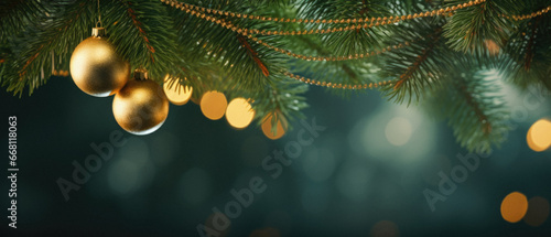 Christmas tree branches with golden baubles on bokeh background.
