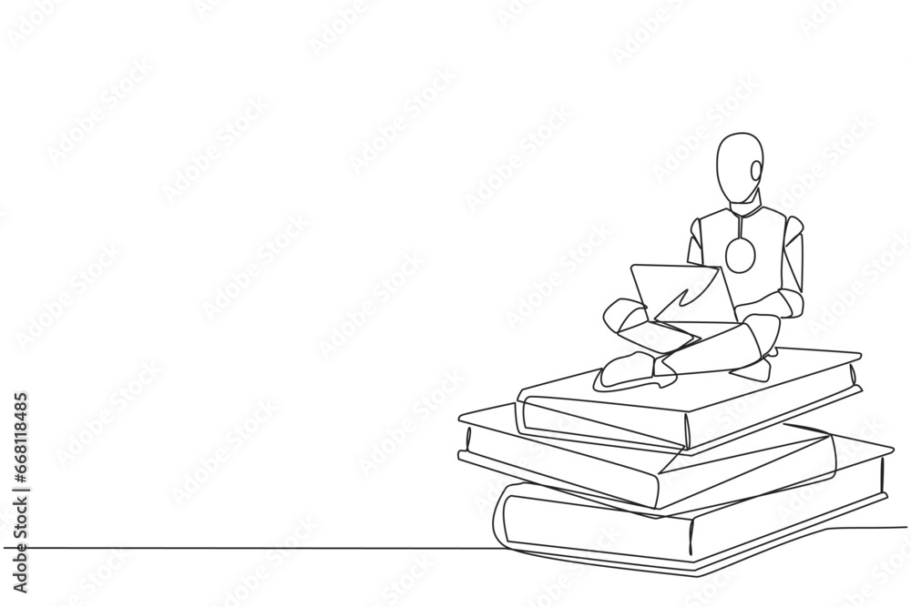 Single one line drawing robotic artificial intelligence sitting on stack of giant books typing laptop. Summarize scientific studies. Future technology. Continuous line design graphic illustration