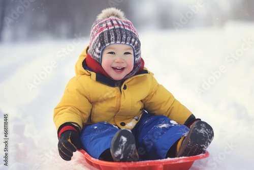 Happy child winter sledding. Winter childhood moment on cold snowy weather. Generate ai