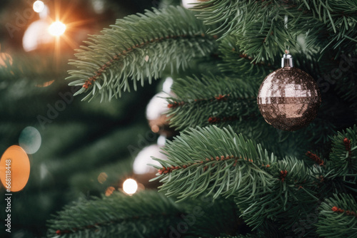 Christmas tree with golden bauble decoration on blurred bokeh background.