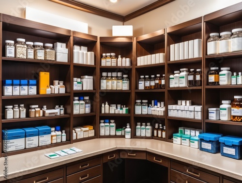 A room with wooden shelves filled with medicines