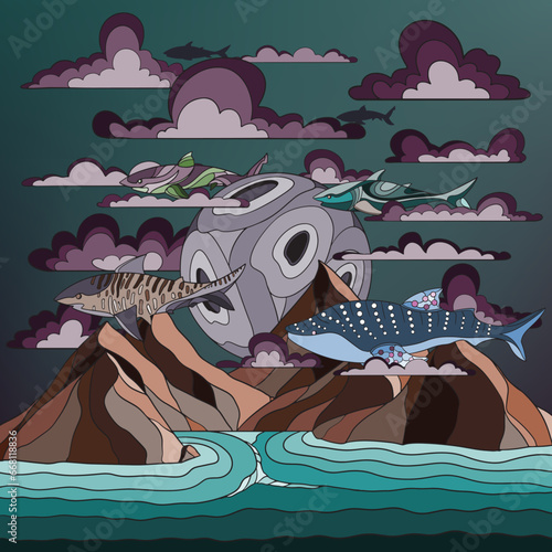 sharks flying in the air over the mountains