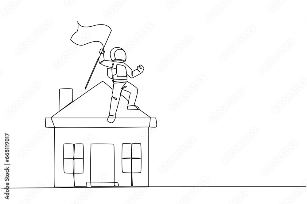 Continuous one line drawing young energetic astronaut standing on miniature house holding fluttering flag. Martians finish building house on the red planet. Single line draw design vector illustration Continuous one line drawing young energetic astronaut standing on miniature house holding fluttering flag. Martians finish building house on the red planet. Single line draw design vector illustration