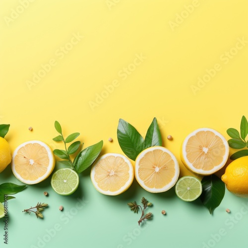 Banner with a Lemon Yellow background and a Lime with space for text. Creative food concept for ads, banners and greeting card