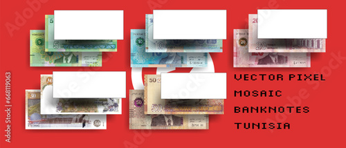 Vector set of mosaic pixel banknotes of Tunisia. Collection of bills in denominations of 5, 10, 20, 30 and 50 Tunisian dinars. Play money or flyers.