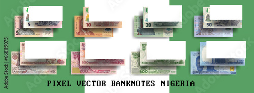 Vector pixelated mosaic set of Nigerian banknotes. Notes in denominations of 5, 10, 20, 50, 100, 200, 500 and 1000 naira. Flyers or play money.