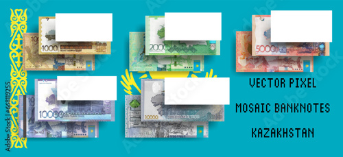 Vector set of pixel mosaic banknotes of Kazakhstan. Collection of bills in denominations of 1000, 2000, 5000, 10000 and 20000 tenge. Play money or flyers.