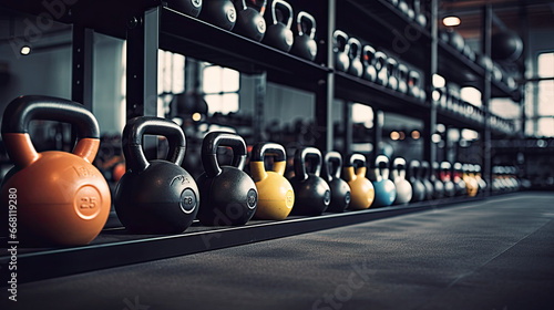 Organized kettlebell rack in a clean gym photo