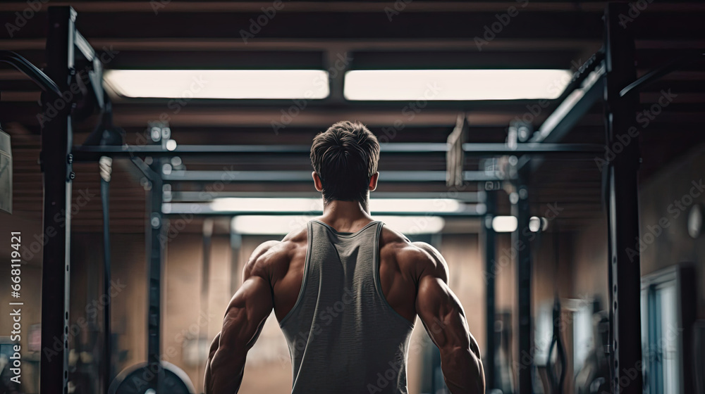 Person doing pull-ups in an organized gym Person doing pull-ups in an organized gym