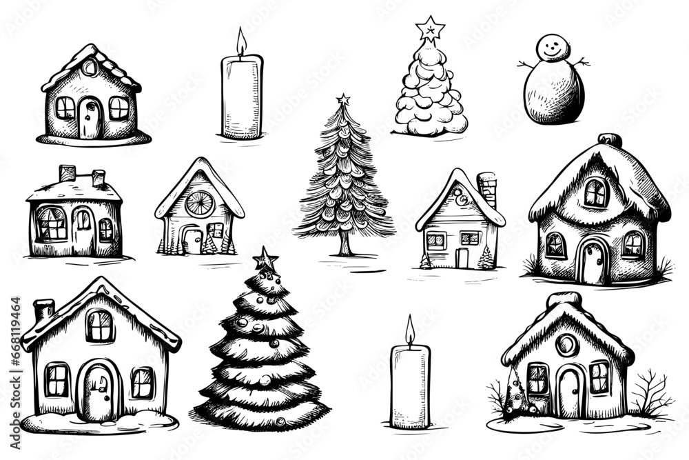 Set hand drawn Winter house with snow and fir with Christmas paraphernalia, vector sketch