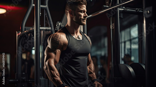 Person using cable machine for tricep extensions photo
