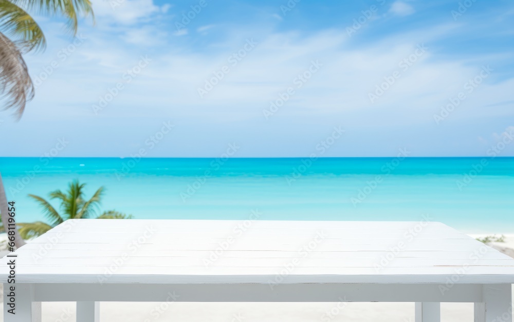 white top table with space for product placement and tropical sera on background white top table with space for product placement and tropical sera on background