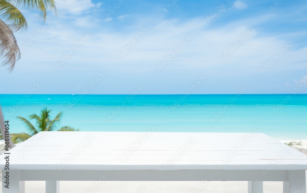 white top table with space for product placement and tropical sera on background