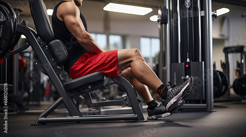 Individual engaging leg muscles in seated leg presses in spacious organized gym section