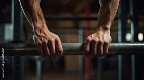 Upper body strength and control showcased on parallel bars for dips photo