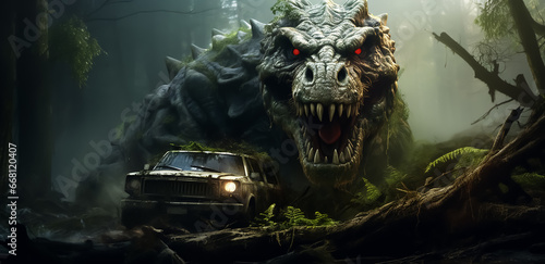 dinosaur T-Rex chased by a jeep car down a road in a middle of the woods © beshoy