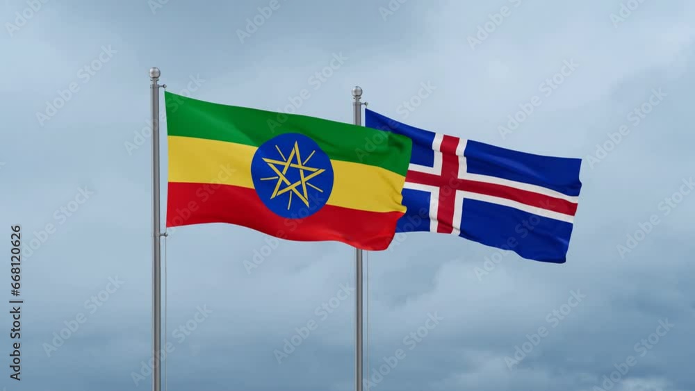 Iceland and Ethiopia flag waving together on cloudy sky, endless seamless loop, two country cooperation concept Iceland and Ethiopia flag waving together on cloudy sky, endless seamless loop, two country cooperation concept