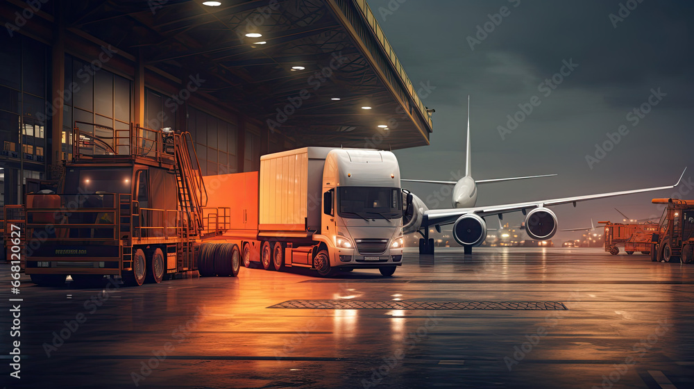 Business Logistics Concept Plane Truck Train Import-Export Operation Business Logistics Concept Plane Truck Train Import-Export Operation